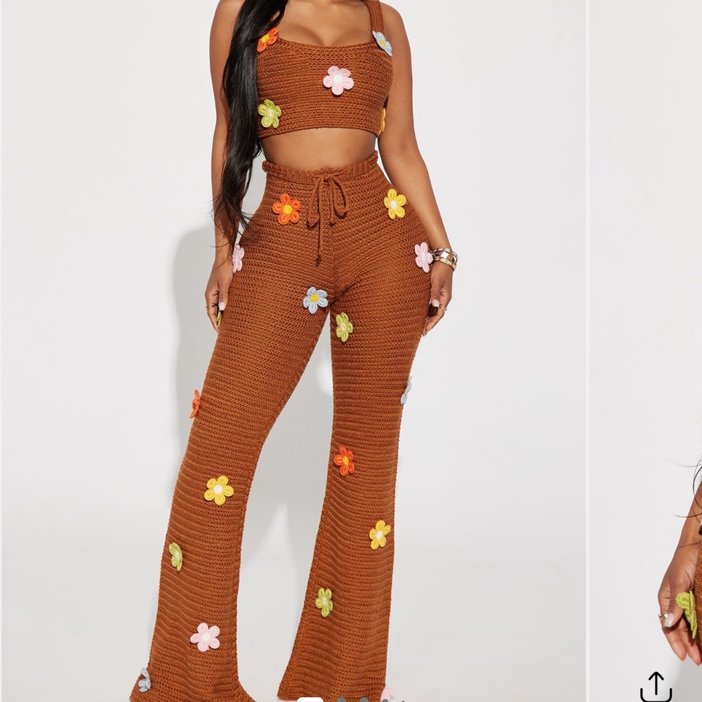 Brown Crochet Boot Flare Pants with Floral Appliqués